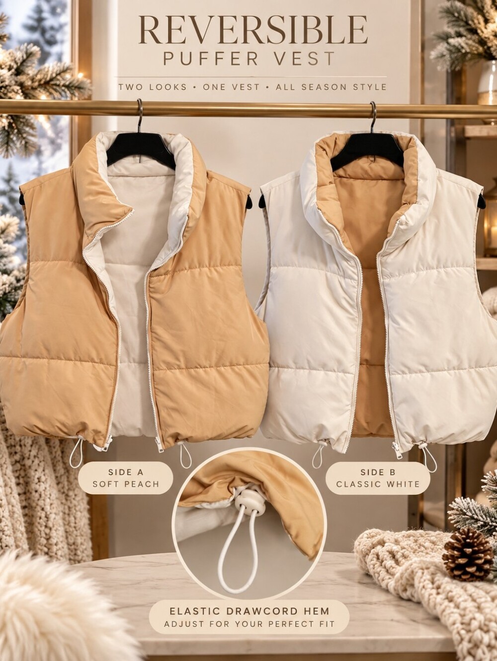 Love Tree Reversible Puffer Vest Size L Mustard Cream Quilted Winter Vest